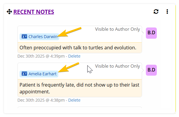 How to see the most recent notes entered on my patients - shows the Recent Notes Patient Dashboard card with arrows pointing to how to click on a patient to go to their workspace.